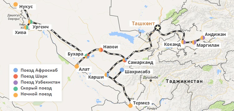 Карта железных дорог Узбекистана